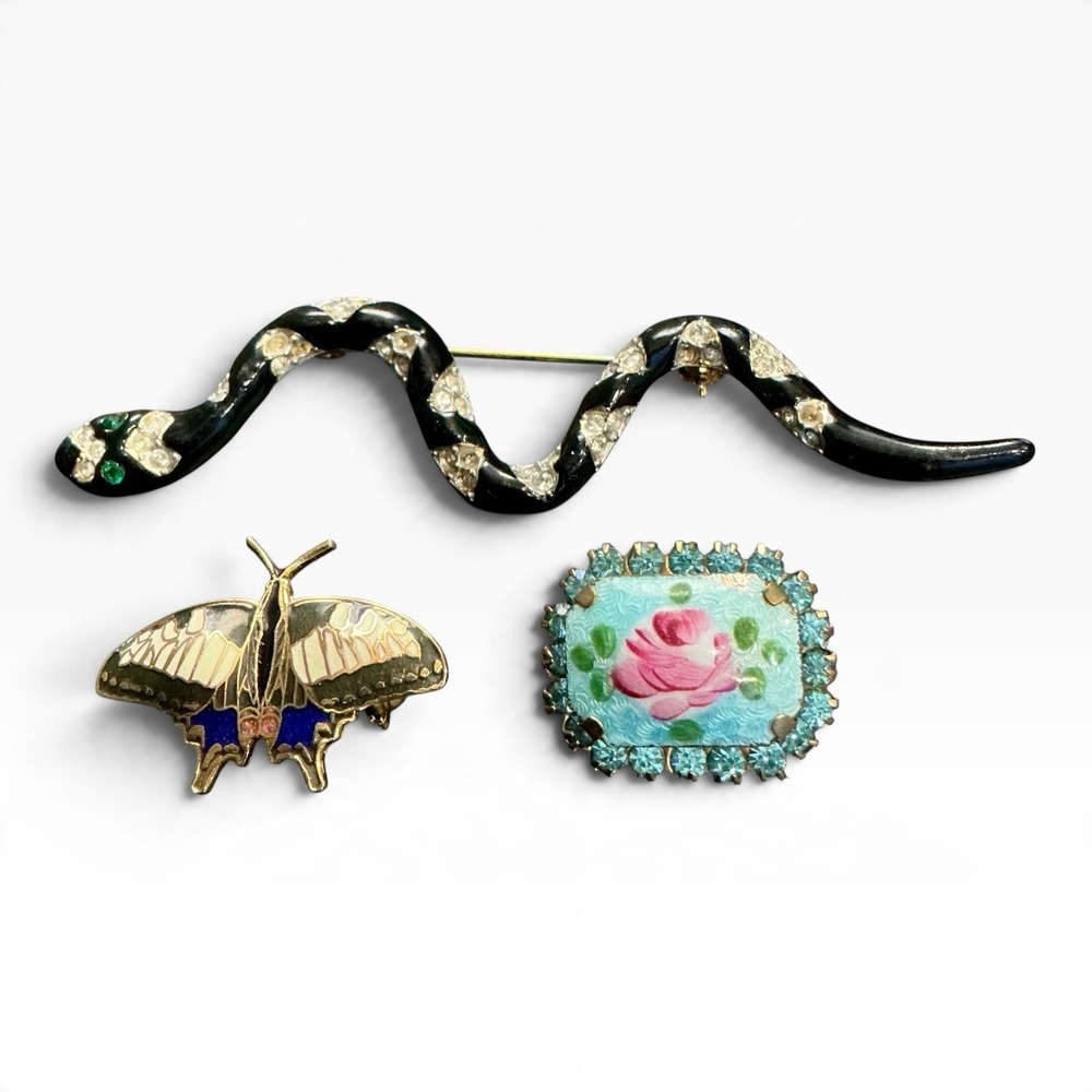 SPHINX Vintage Snake Brooch Lot of 3 Whimsical Enamel Butterfly Rose Flower Pins